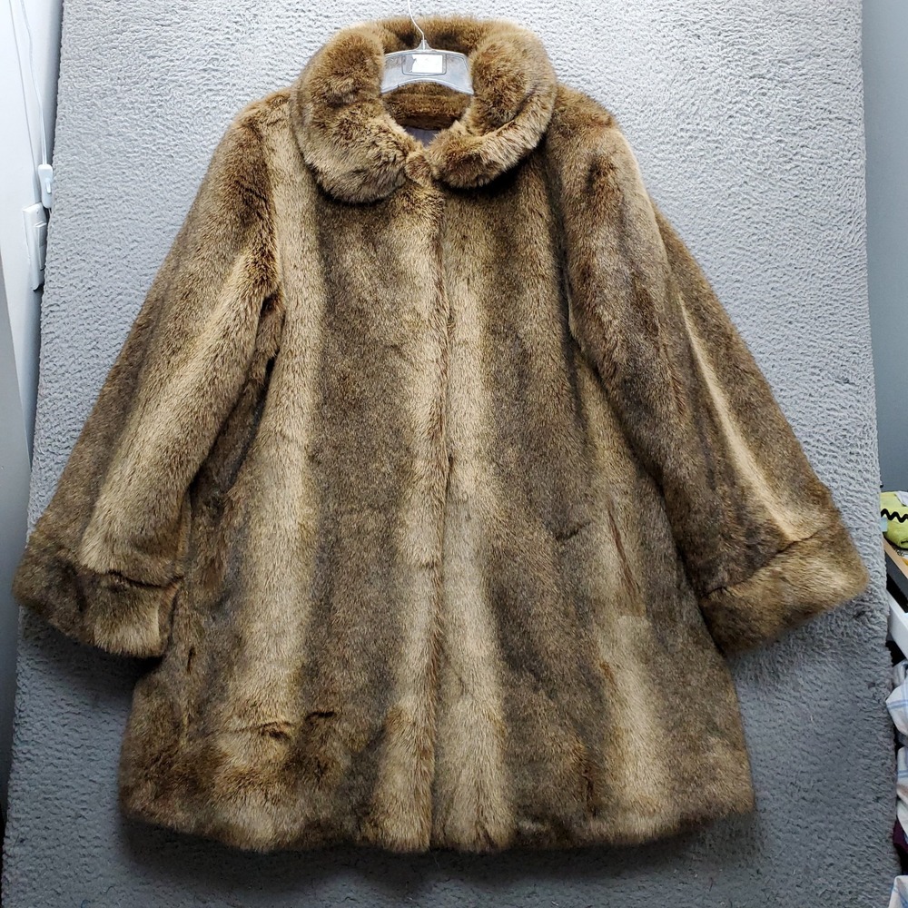 Dennis Basso Faux Fur Long Coat Womens L Multi Luxury Glam Winter Outdoor EUC